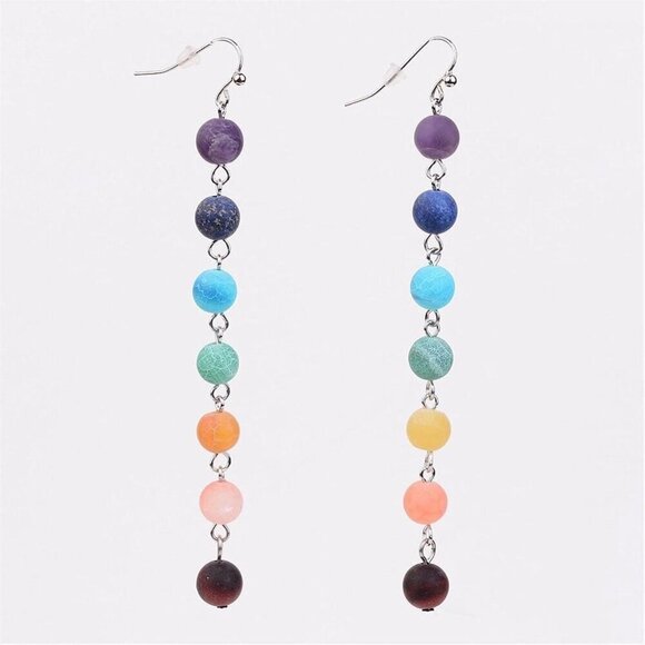 The 7 Chakras Spiritual Mystical Frosted Gemstone Beads Long Dangle Earrings - Picture 1 of 1